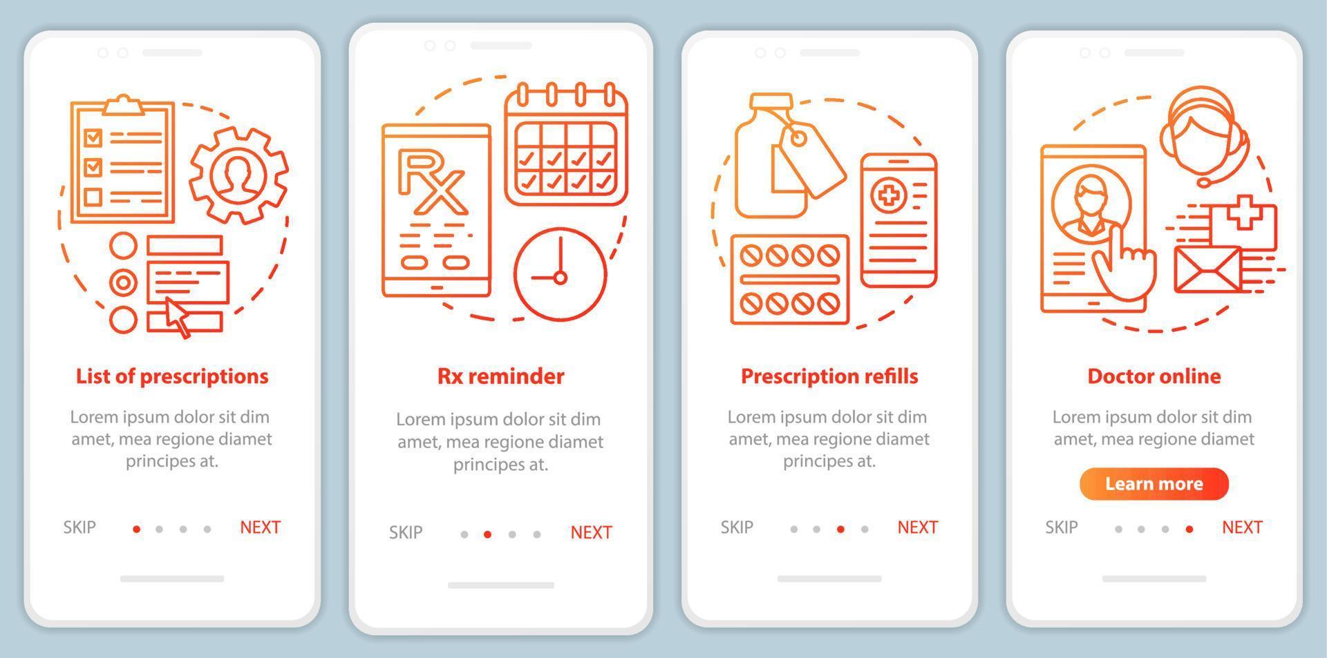 Prescription list and online pharmacy onboarding mobile app page screen vector template. Rx refills. Walkthrough website steps with linear illustrations. UX, UI, GUI smartphone interface concept