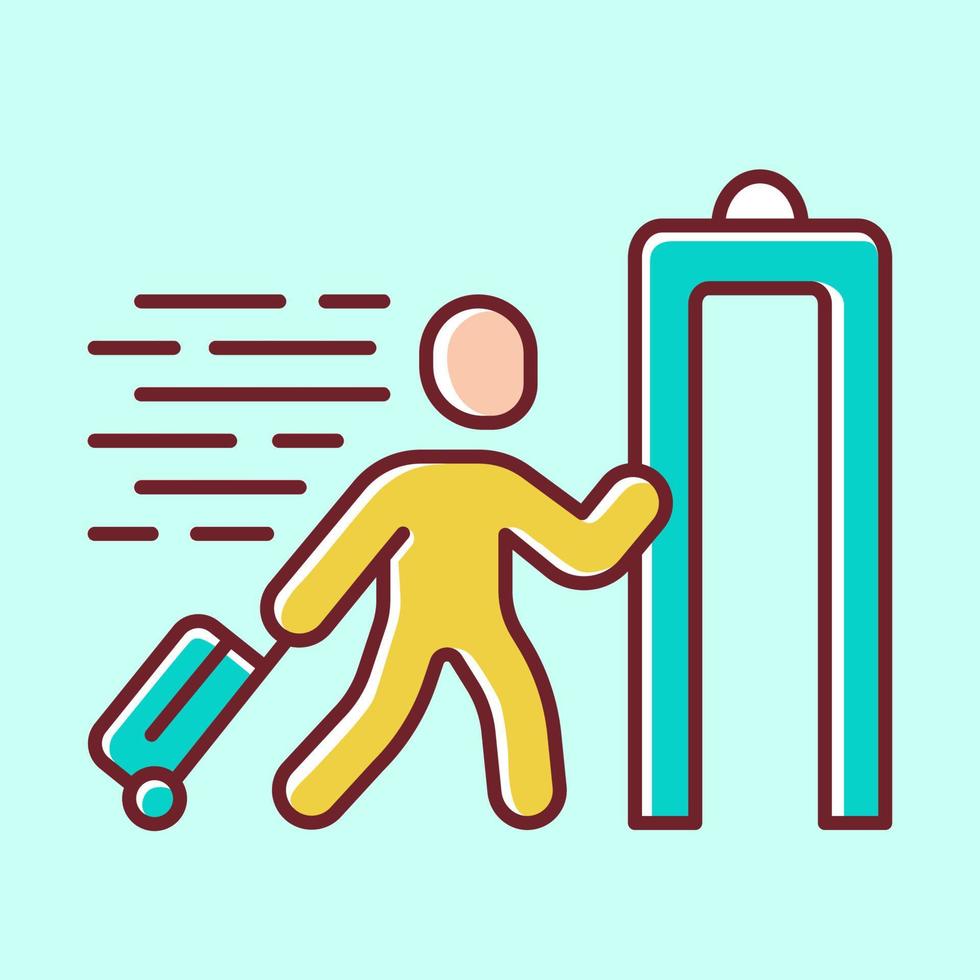 Express entry yellow color icon. Passenger passing x-ray check at airport. Security check. Body scan machine. Customs inspection. Express path facility. Isolated vector illustration