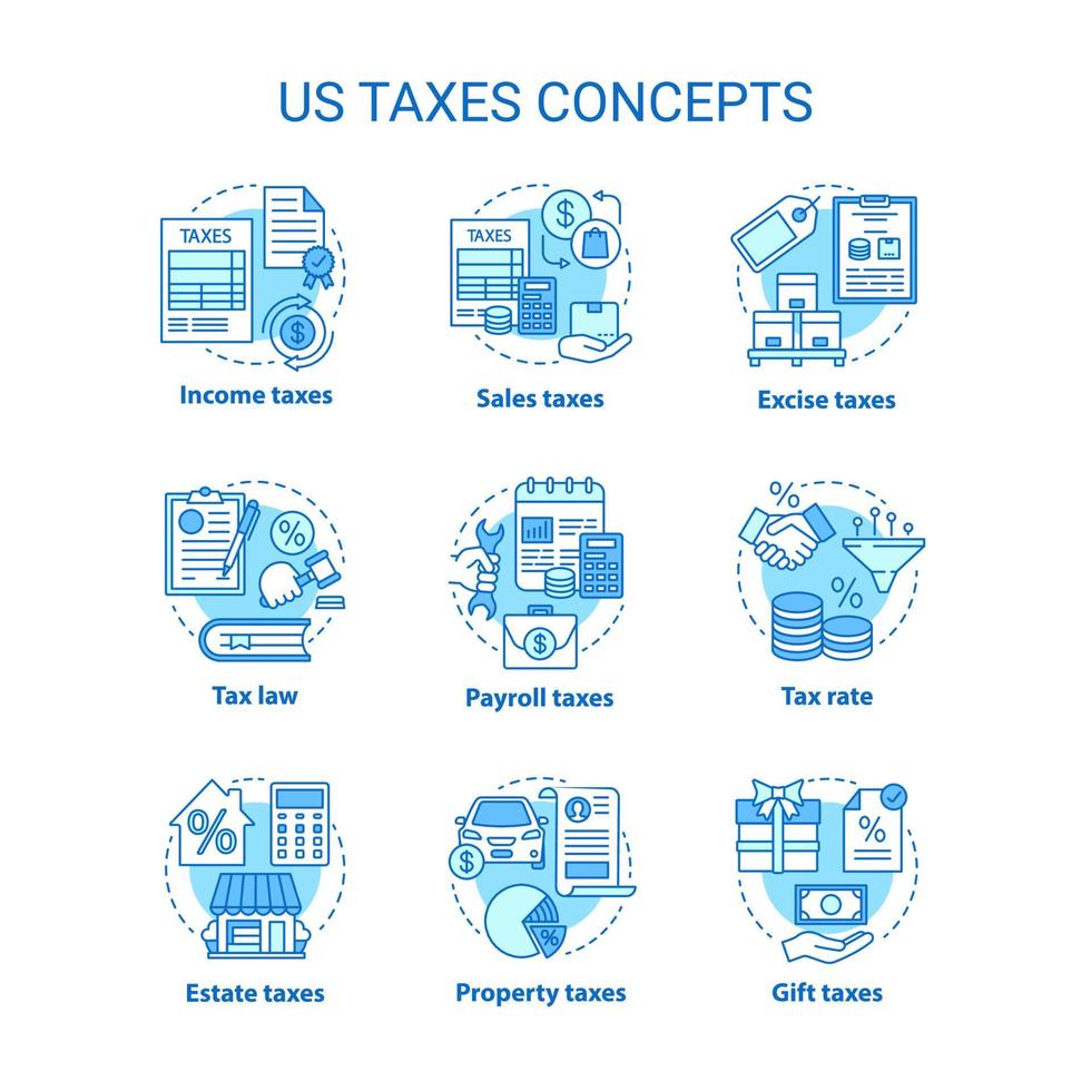US taxes blue concept icons set. Percentage rate of taxation idea thin line illustrations. Property, sales, excise, estate tax. Financial charge. Vector isolated outline drawings. Editable stroke