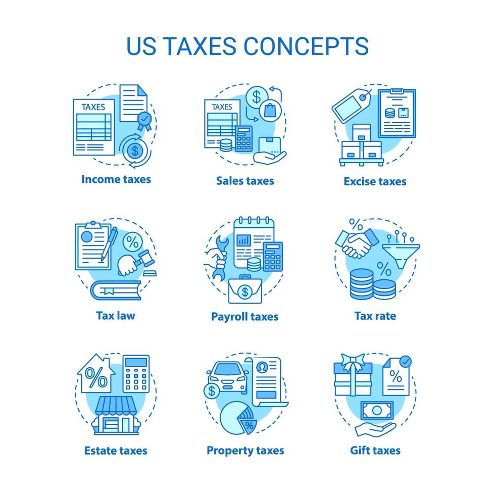 Estados Unidos impuestos concepto azul conjunto de iconos. tasa de porcentaje de impuestos idea ilustraciones de líneas finas. propiedad, ventas, impuestos especiales, impuestos sobre el patrimonio. carga financiera. dibujos de contorno aislados vectoriales. trazo editable vector