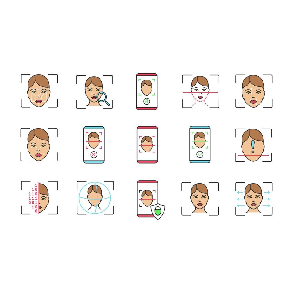 Facial recognition color icons set vector