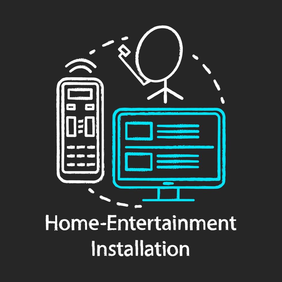 Home-entertainment installation chalk concept icon. Home service for electronic devices idea. Satellite dish installing. Cable TV connection. Vector isolated chalkboard illustration