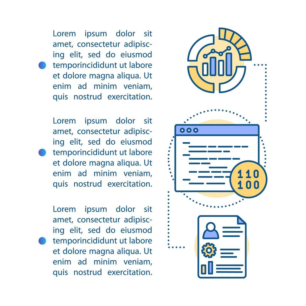Development and testing article page vector template. Software programming. Brochure, magazine, booklet design element with linear icons, text boxes. Print design. Concept illustrations, text space