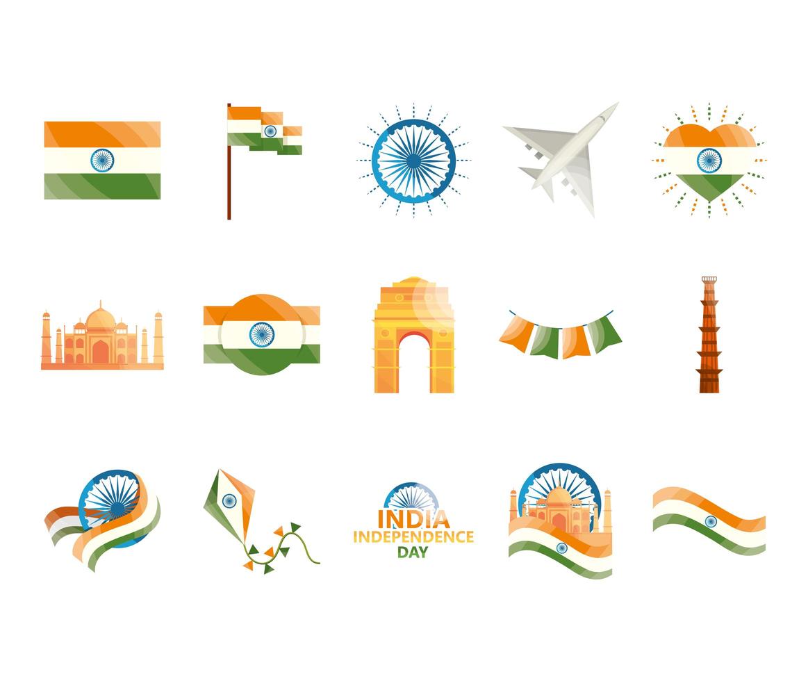 conjunto de iconos de independencia de la india vector