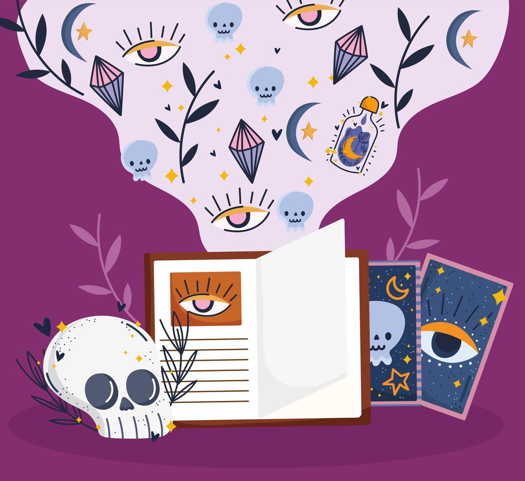 skull magic book and cards vector