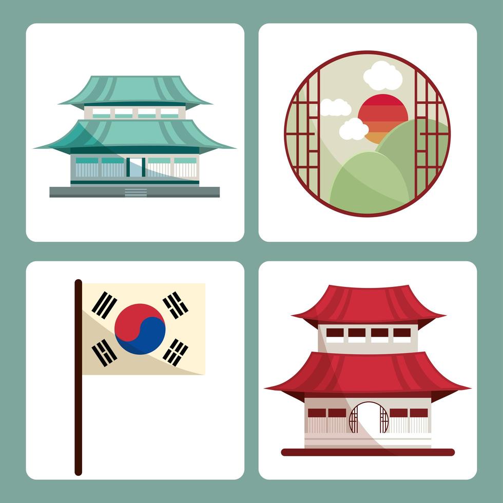 korean buildings and flag vector