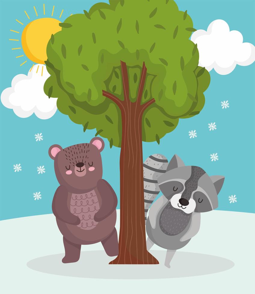 oso y mapache invierno vector