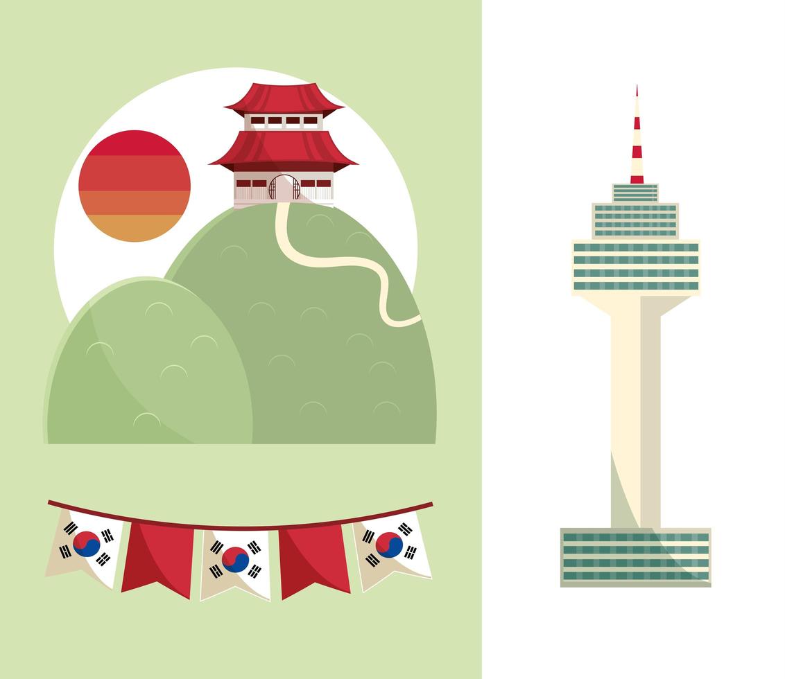 korean landmark and flags vector