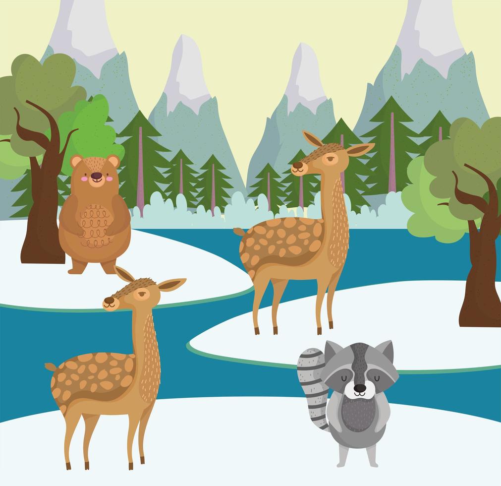 cute animals and winter scenery vector