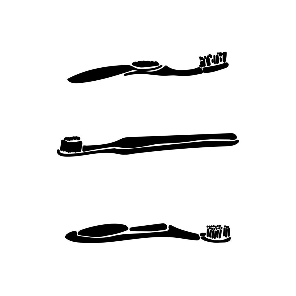 Set of silhouettes of toothbrushes, oral care tools, personal hygiene items icons, dental appliances vector