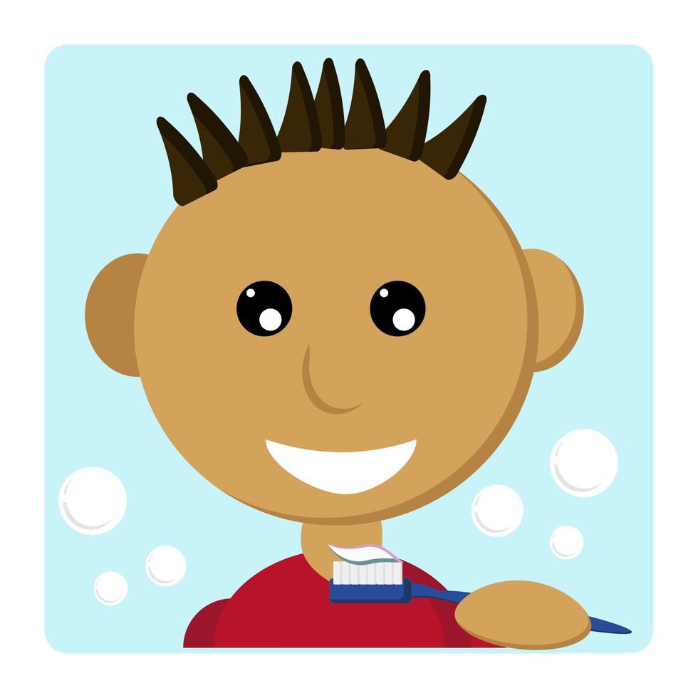 Child brushing teeth, boy holding toothbrush with paste, morning dental care procedures in flat style vector