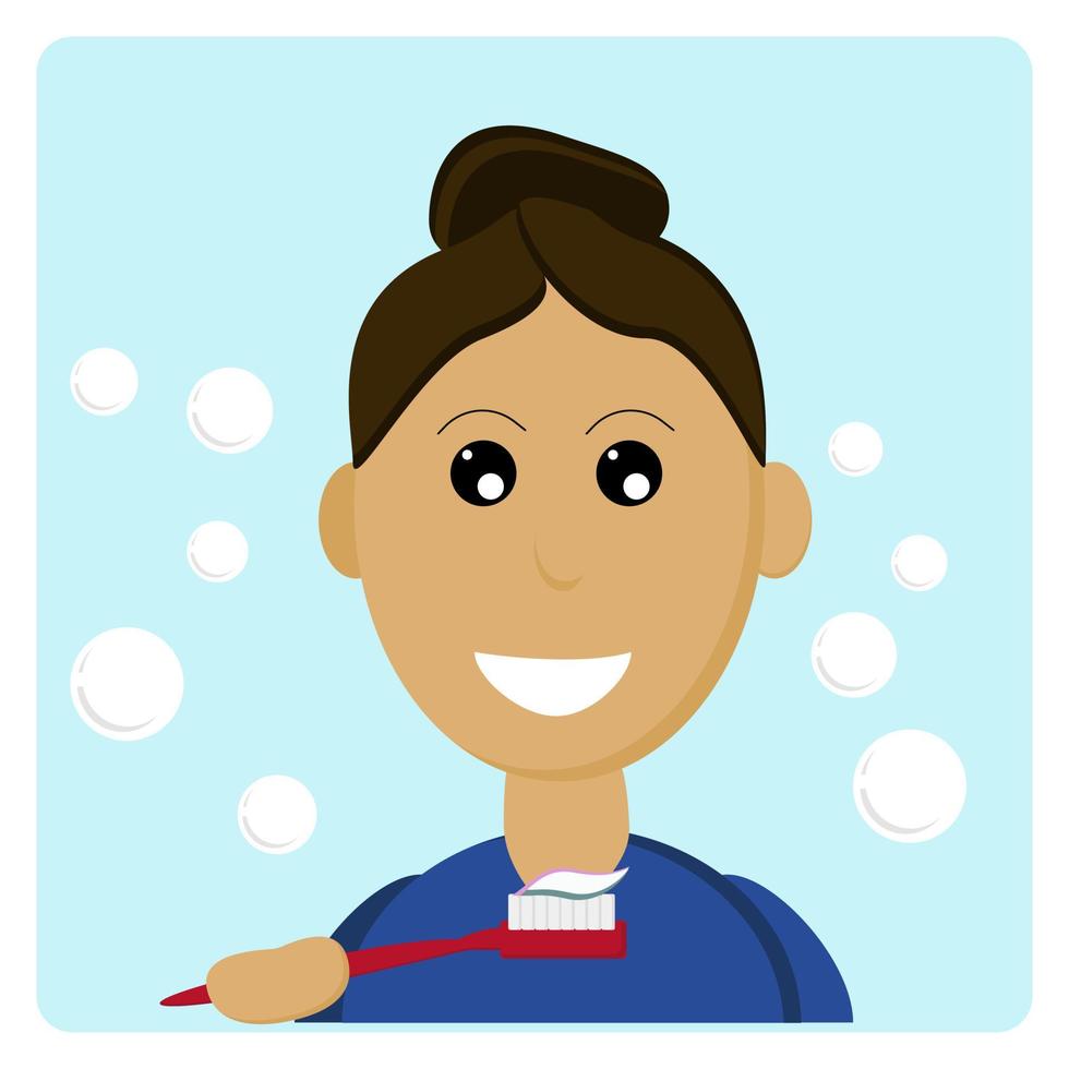 Girl cleans teeth, morning bath procedures and dental care, woman holding toothbrush in flat style vector