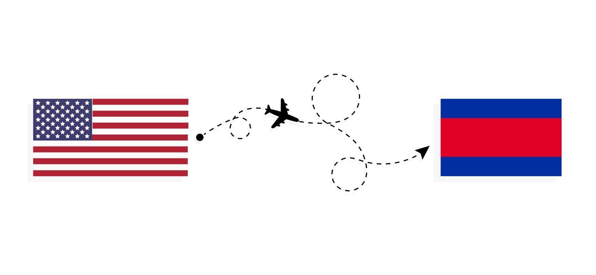 Vuelo y viaje desde EE.UU. a Camboya por concepto de viaje en avión de pasajeros vector