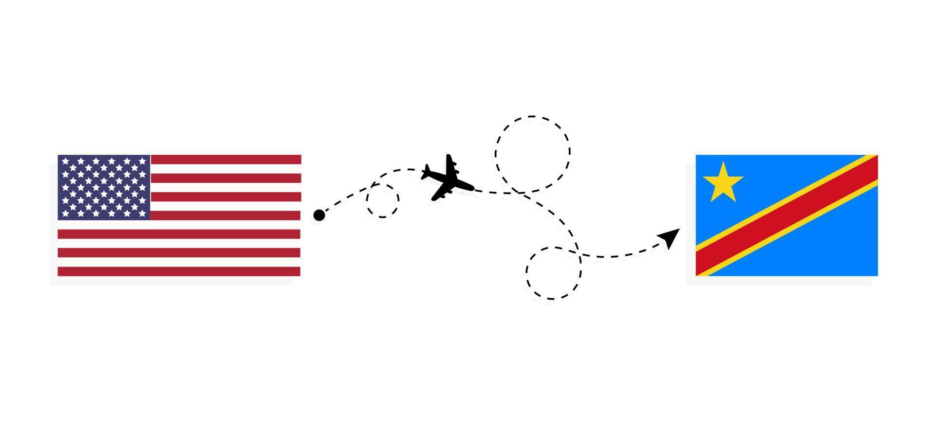 Vuelo y viaje desde EE. UU. a la República Democrática del Congo en avión de pasajeros concepto de viaje vector