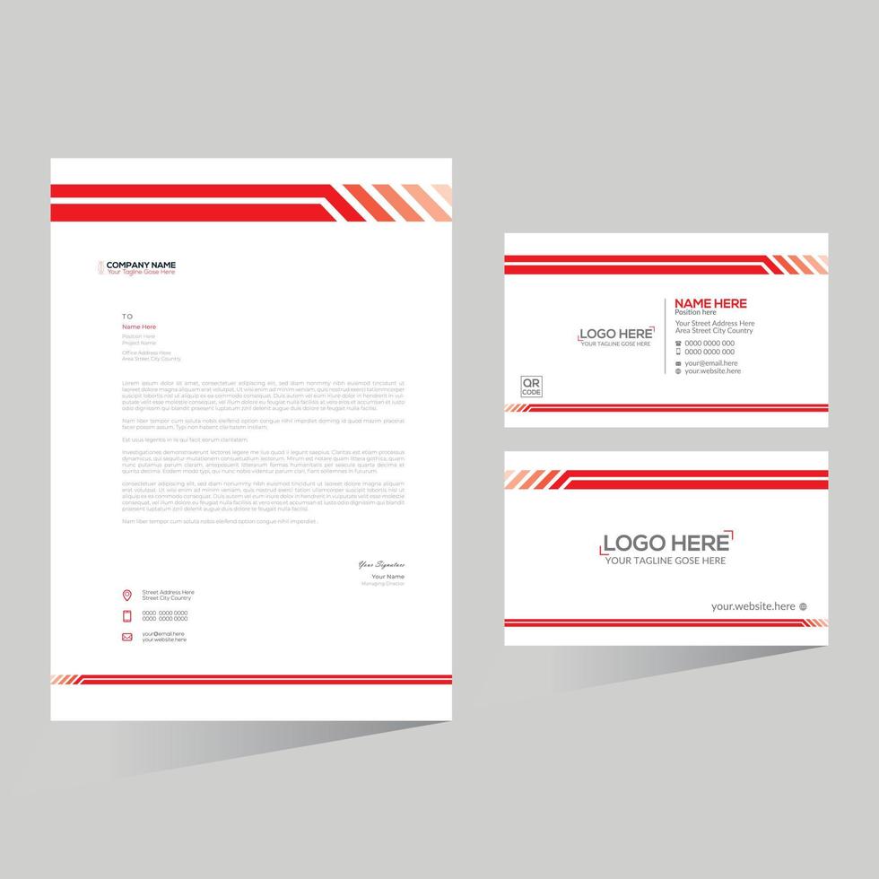red colored simple letterhead and business card design vector