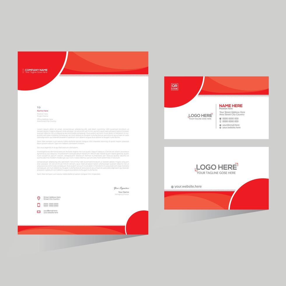 red colored simple letterhead and business card design vector