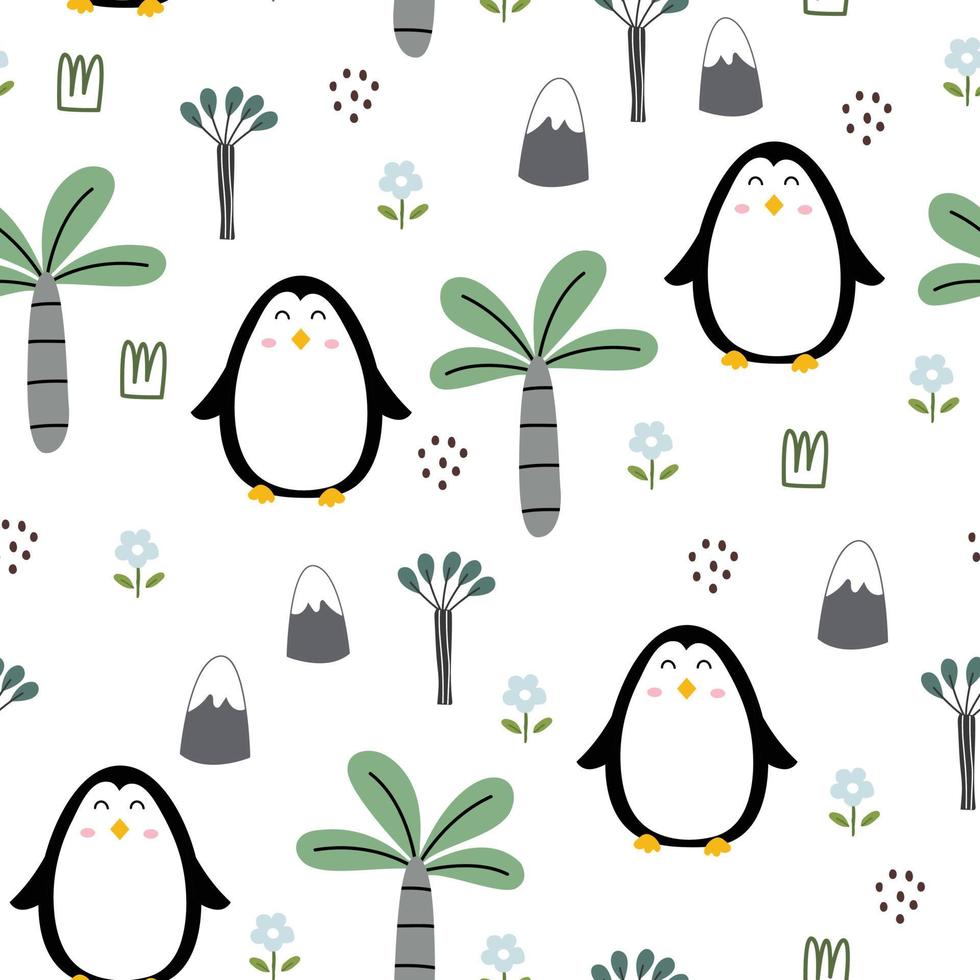 Seamless pattern Children's cartoon animal background with penguins and trees. Hand drawn design. Cartoon style. Used for prints, wallpapers, decorations, garments, textiles. Vector illustration.