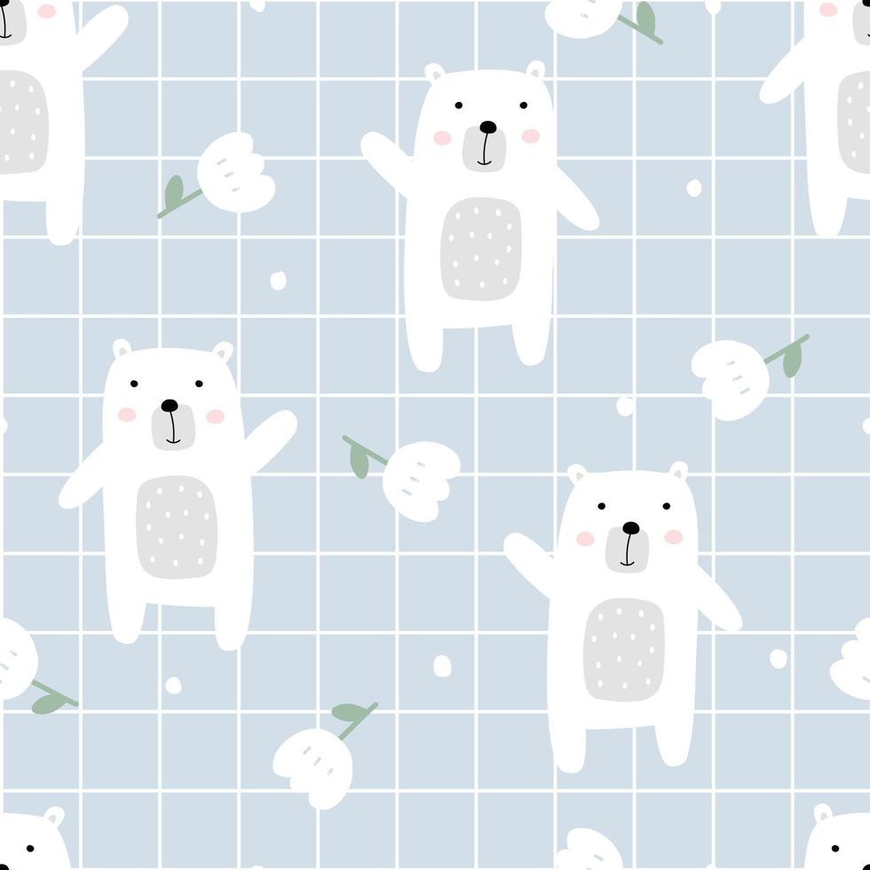 Oso blanco y flores sobre fondo de cuadrícula cuadrada de patrones sin fisuras Fondo animal de dibujos animados dibujados a mano en estilo infantil utilizado para impresión, papel tapiz, decoración, tela, textil, ilustración vectorial vector