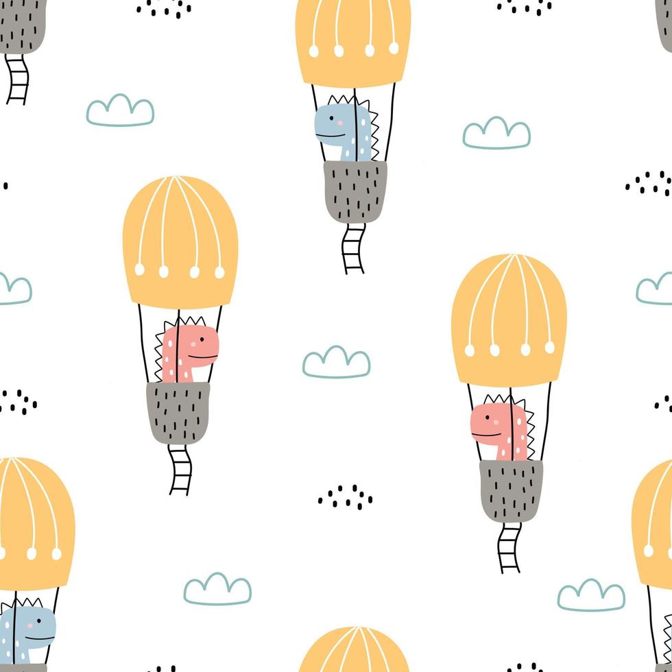 patrón de dibujos animados fondo de vector transparente dinosaurios y globos flotando en el cielo diseño dibujado a mano en estilo infantil. uso para impresión, papel tapiz, decoración, textiles.