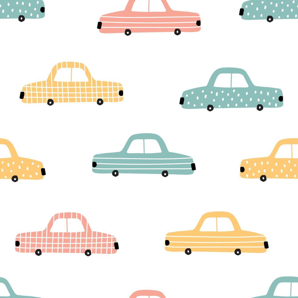 Seamless vector pattern colorful vintage car on a white background hand-drawn design in cartoon style Use for prints, decorative wallpaper, textiles, fabrics, vector illustrations