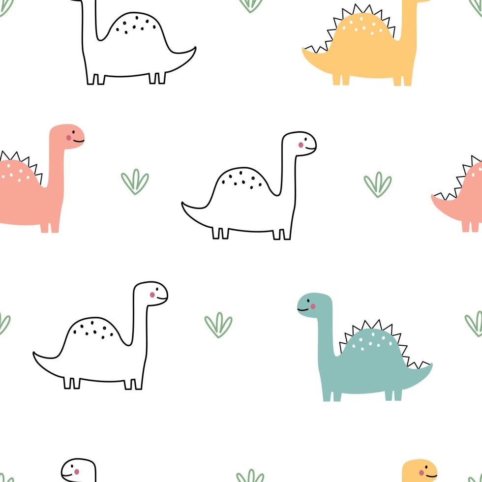 Dinosaurio de patrones sin fisuras dibujado a mano fondo de animales de dibujos animados lindo en diseño de estilo infantil utilizado para impresión, papel tapiz, decoración, tela, ilustración vectorial textil vector