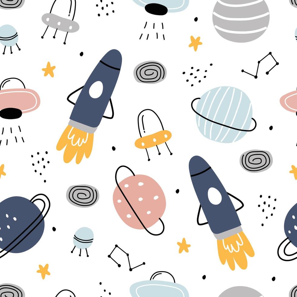 Fondo espacial para niños, nave espacial y estrellas, diseño de patrones sin fisuras en estilo de dibujos animados. utilizar para impresiones, papel tapiz, decoraciones, textiles, ilustraciones vectoriales. vector