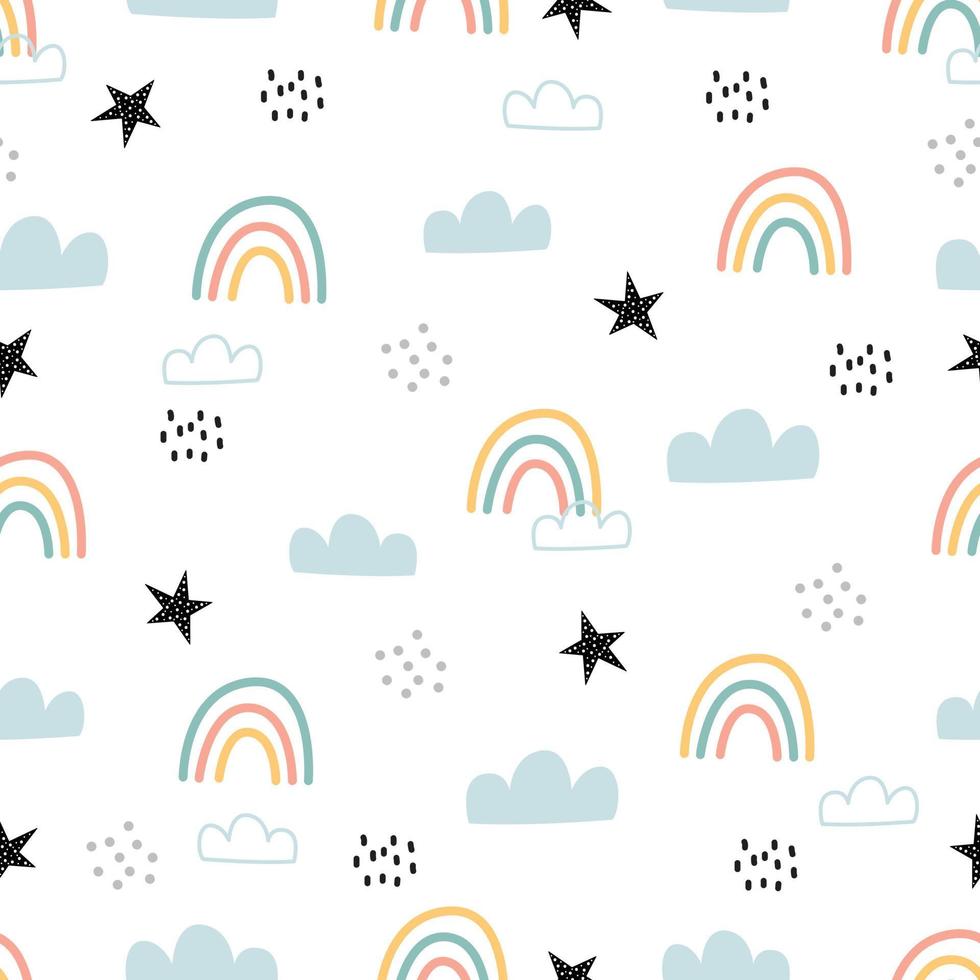 lindo patrón sin costuras para niños fondo de cielo con arco iris y nubes diseño dibujado a mano de dibujos animados. uso para impresión, papel tapiz, envoltura de regalos, textiles, ilustraciones vectoriales. vector