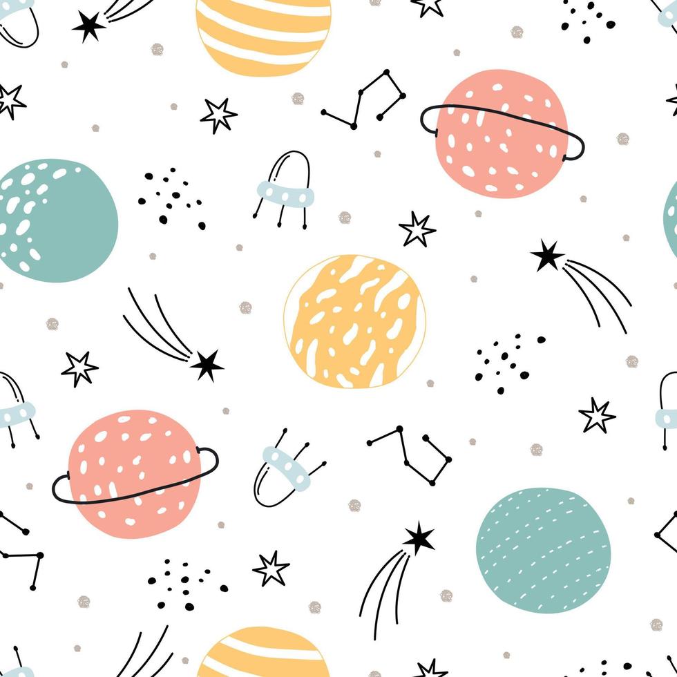 espacio y estrellas de patrones sin fisuras para niños. Fondo de estrellas dibujadas a mano en estilo de dibujos animados para impresiones, papel tapiz, decoraciones, textiles. ilustración vectorial. vector