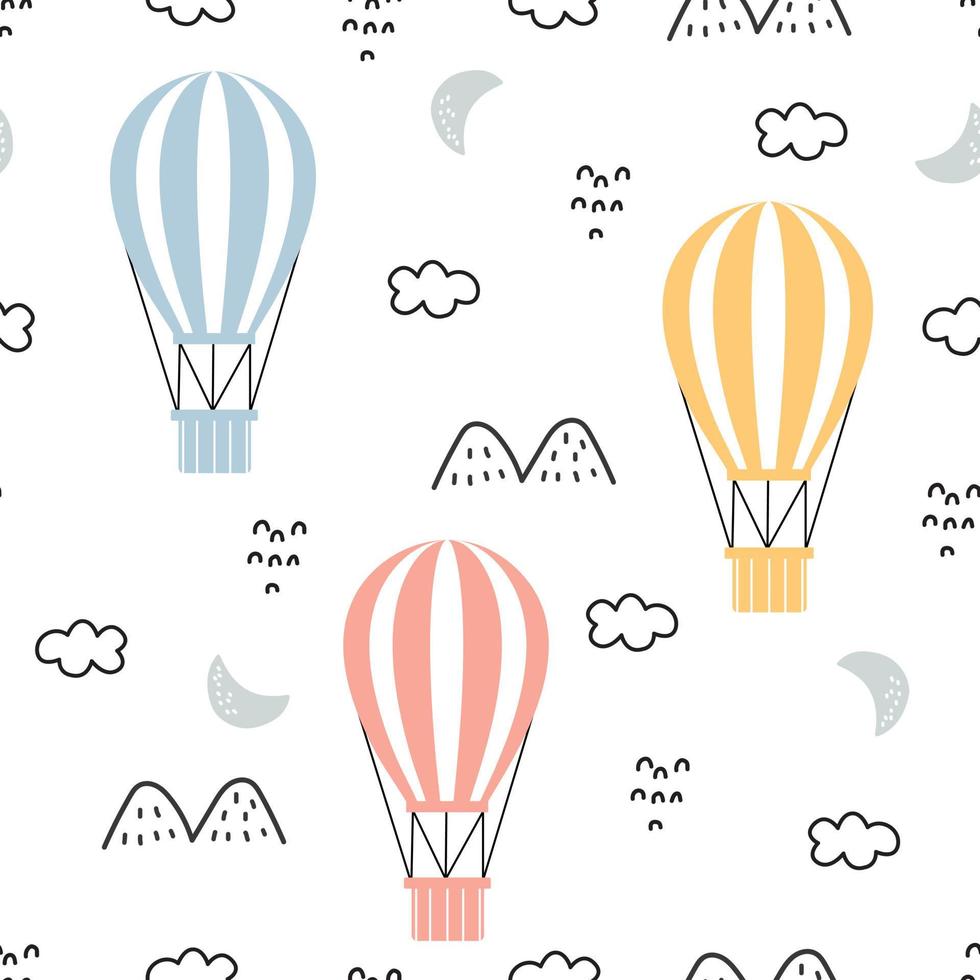 Cartoon pattern seamless vector background Balloons floating in the sky with clouds and mountains. Hand-drawn design in children's style. Use for printing, wallpaper, decoration, textiles.