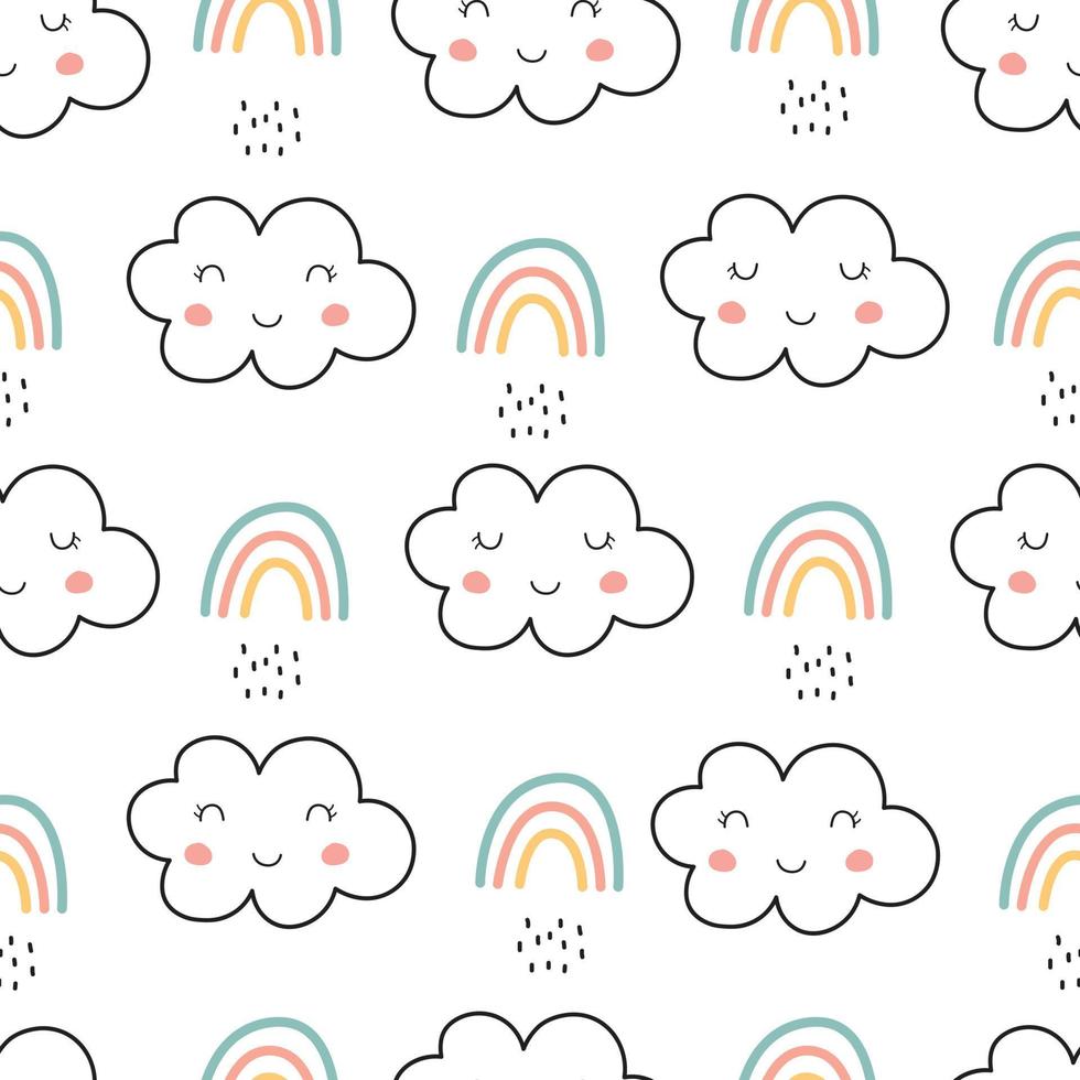seamless pattern rainbow and clouds design drawn with hand in cartoon style used for prints, baby products backgrounds, gift wrapping, kids clothing, textiles vector illustration