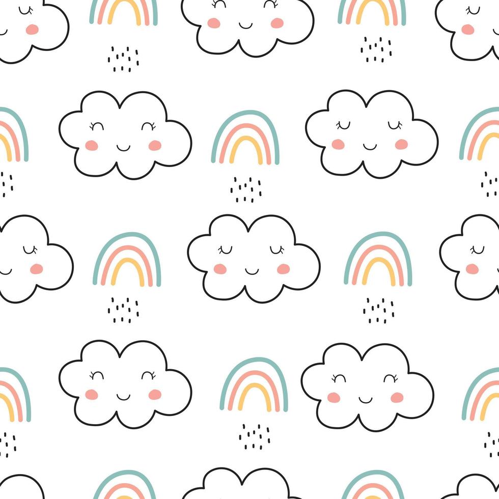 diseño de arco iris y nubes de patrones sin fisuras dibujado con la mano en estilo de dibujos animados utilizado para impresiones, fondos de productos para bebés, envoltura de regalos, ropa para niños, ilustración vectorial de textiles vector