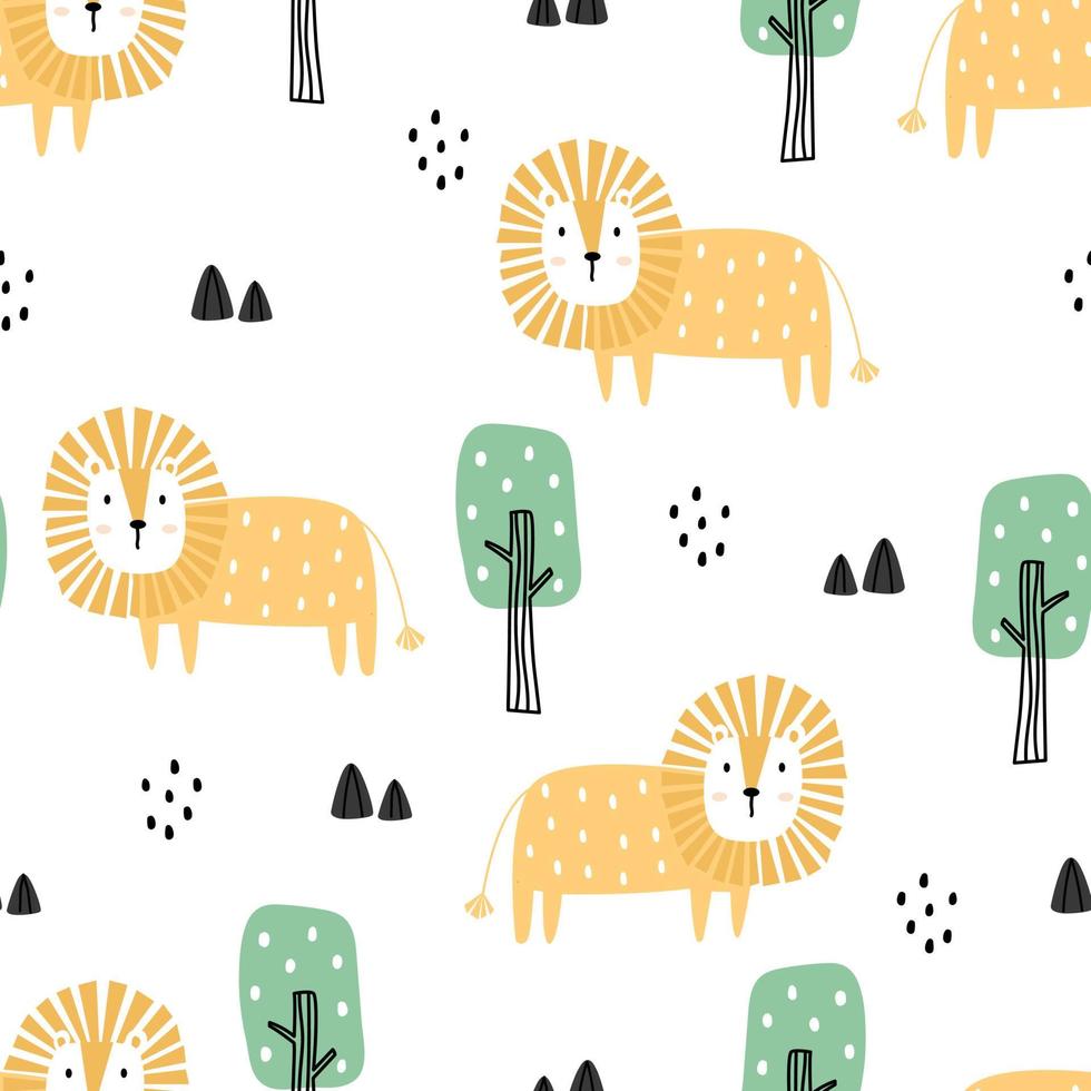 Lion and tree seamless hand drawn cute cartoon animal background in kids style design used for print wallpaper decorative fabric textile vector illustration