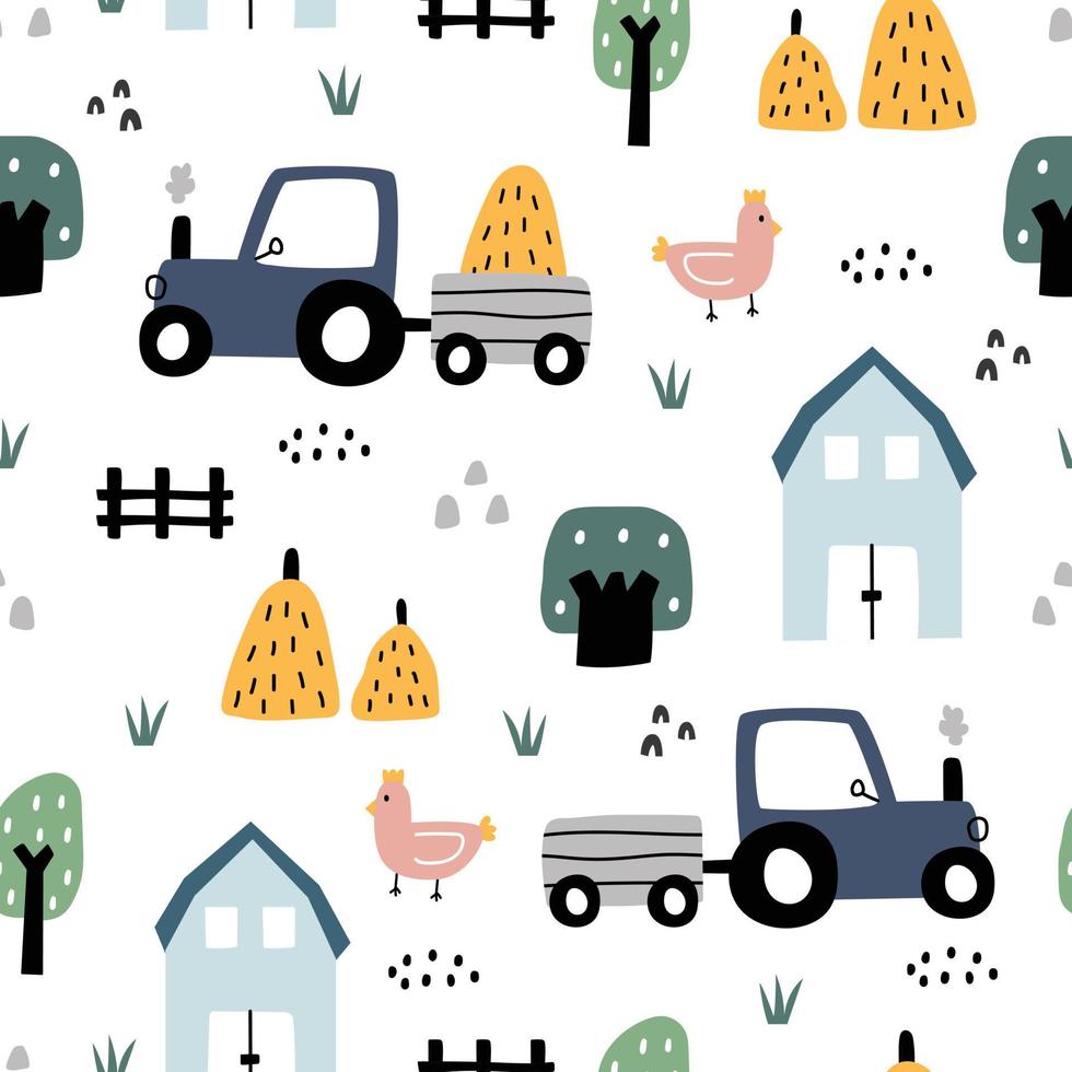 granja de patrones sin fisuras hermoso paisaje de fondo con tractores de automóviles y casas. diseño dibujado a mano en estilo de dibujos animados, uso para impresión, papel tapiz, decoración, moda. ilustración vectorial vector