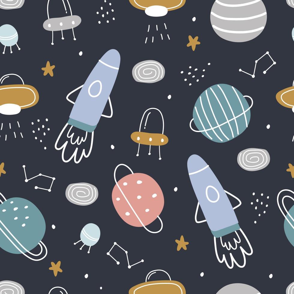Space background for kids Spaceship and stars seamless pattern design in cartoon style. Use for prints, wallpaper, decorations, textiles, vector illustrations.