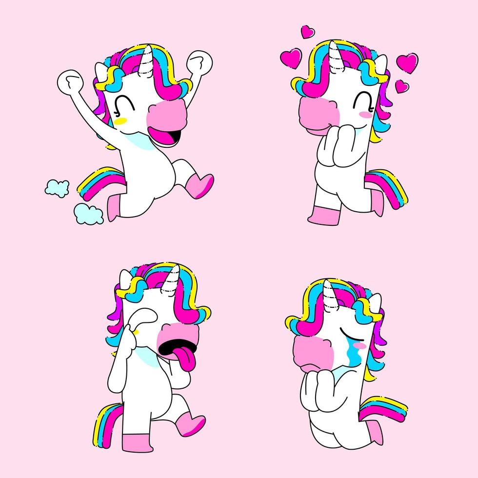 Cute unicorn sticker vector illustration, happy, love, mocking, and sad unicorn reaction
