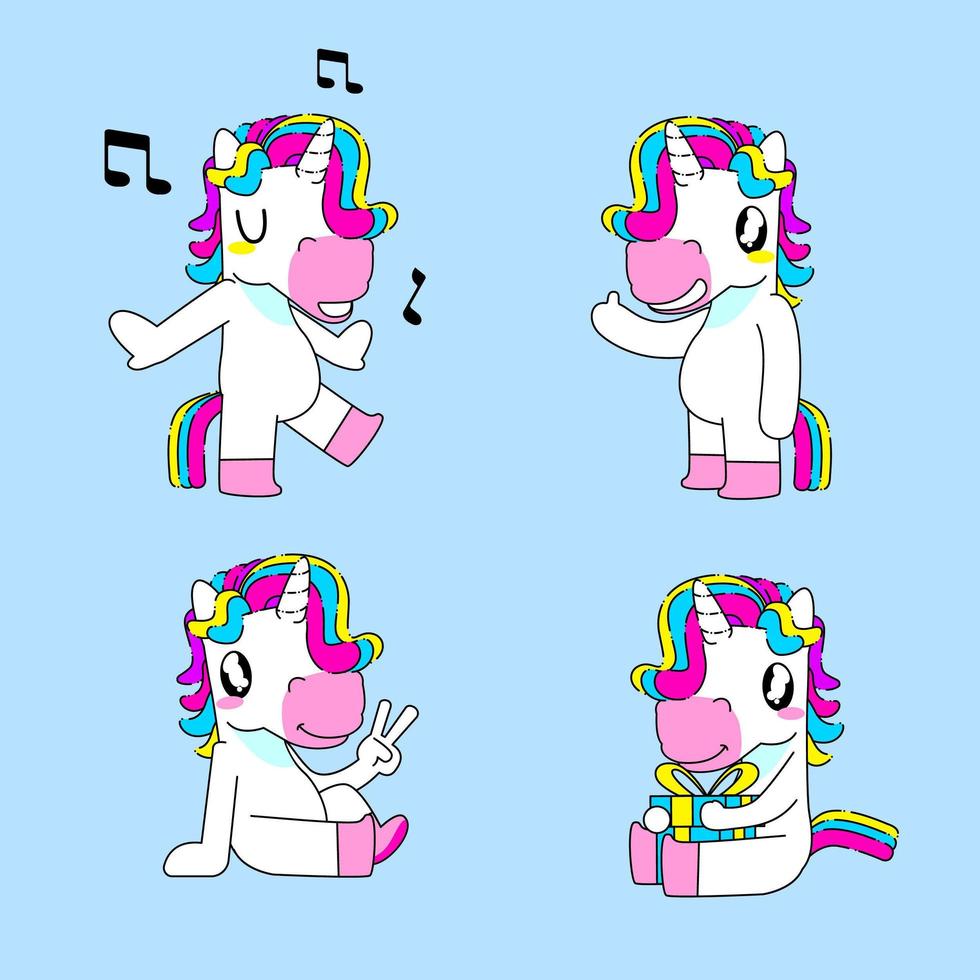 Cute unicorn sticker vector illustration, sing, hi, peace, and birthday unicorn pose