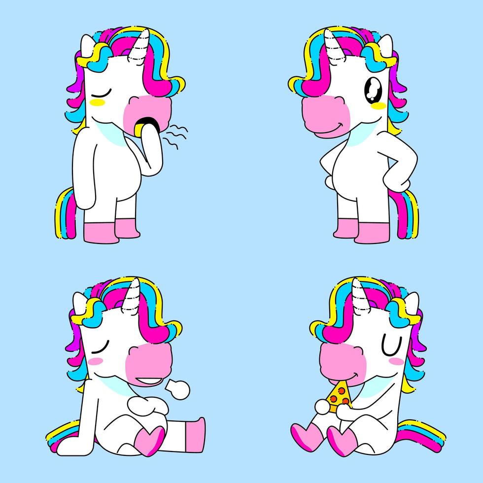 Cute unicorn sticker vector illustration,boring,cool, full, and eat unicorn pose