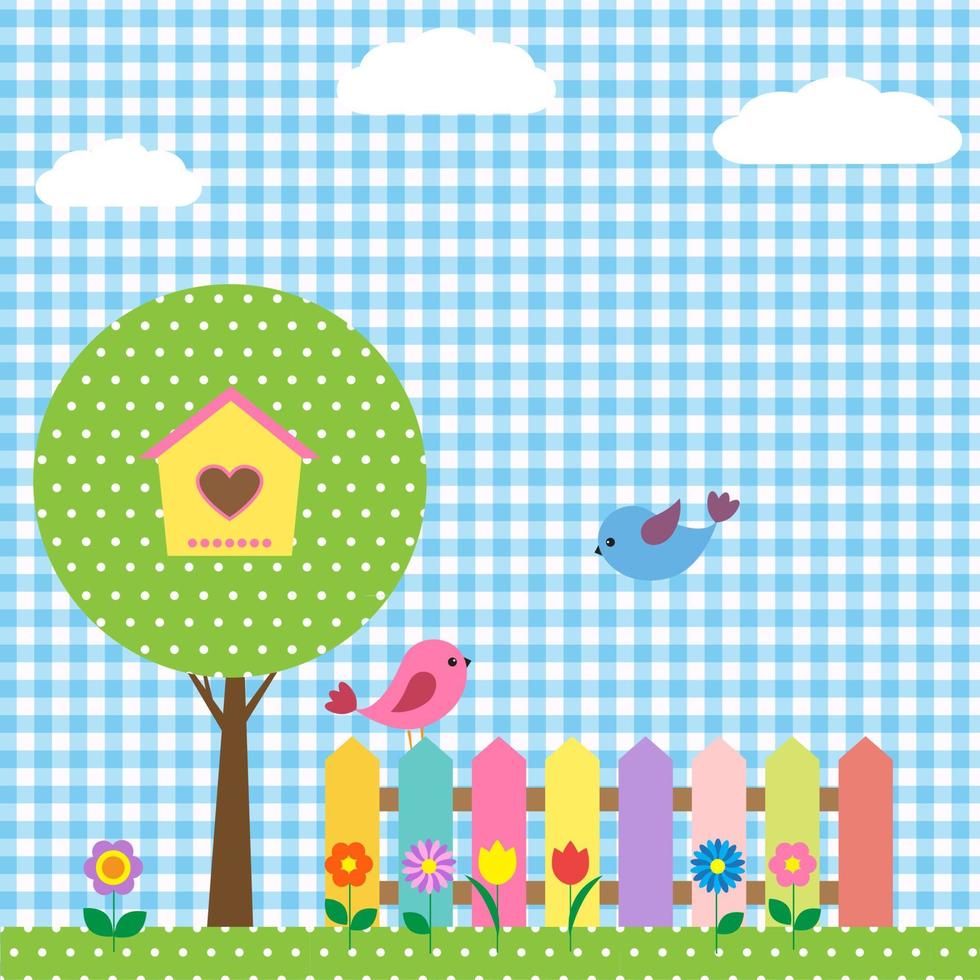 birds and birdhouse on tree vector