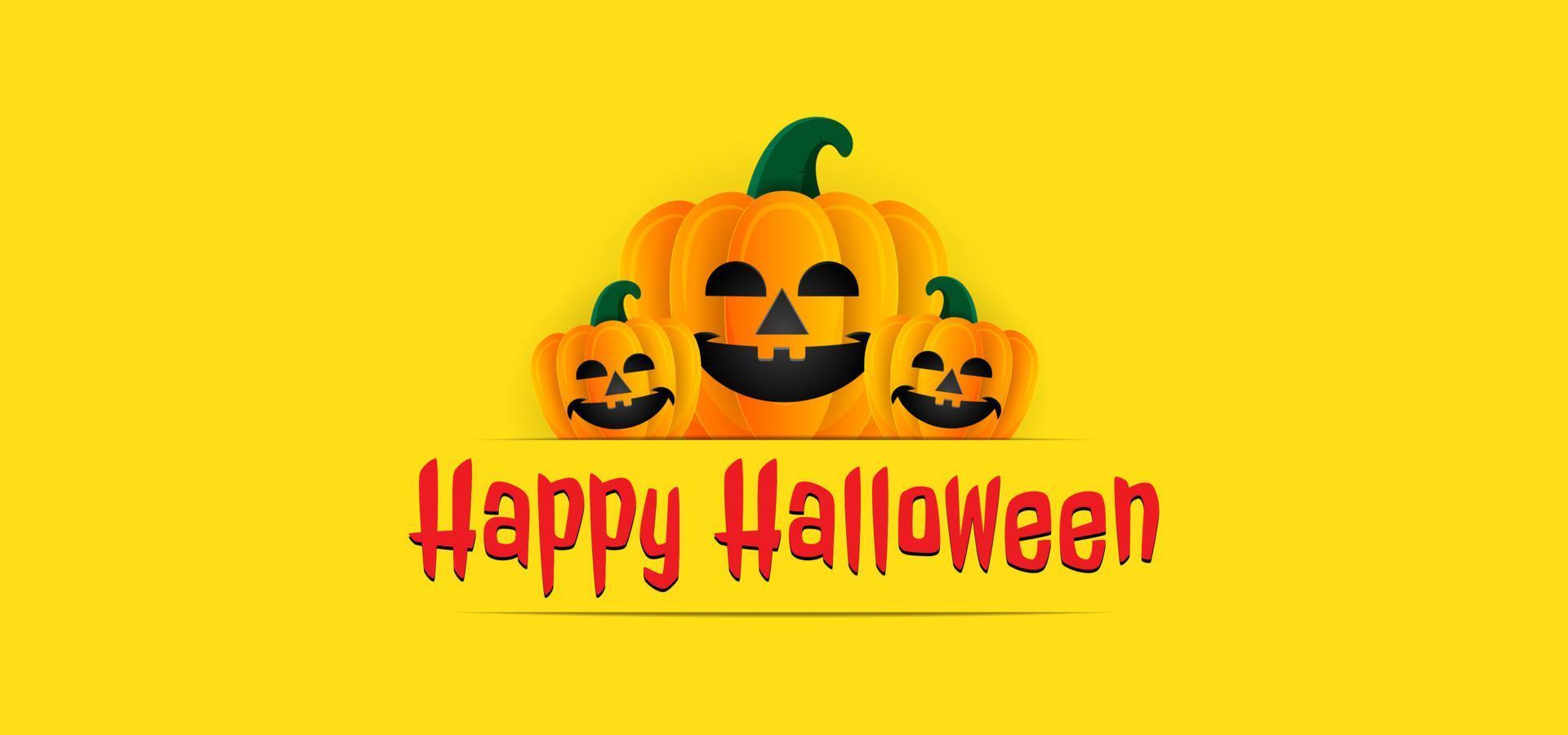 Happy Halloween background banner with pumpkins and Halloween text on yellow background. Vector illustration and can editable. Place for text