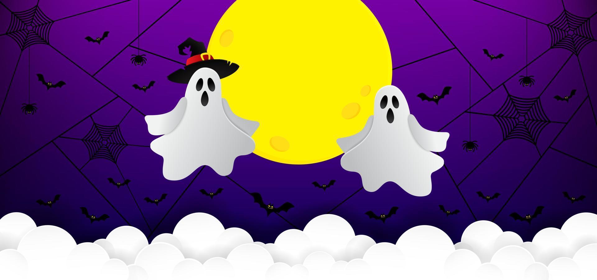 feliz halloween banner y fondo de invitación. vector de fondo tema de halloween con nubes nocturnas, fantasmas, murciélagos, arañas y luna amarilla en estilo de corte de papel. hay un lugar para el texto