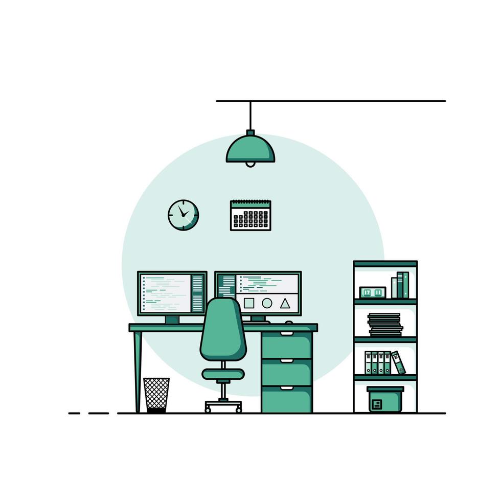Working table flat design, Concept of working desk interior with furniture. Work room with computer, desktop, table, chair, book, and stationary equipment. Work from home cartoon illustration. vector