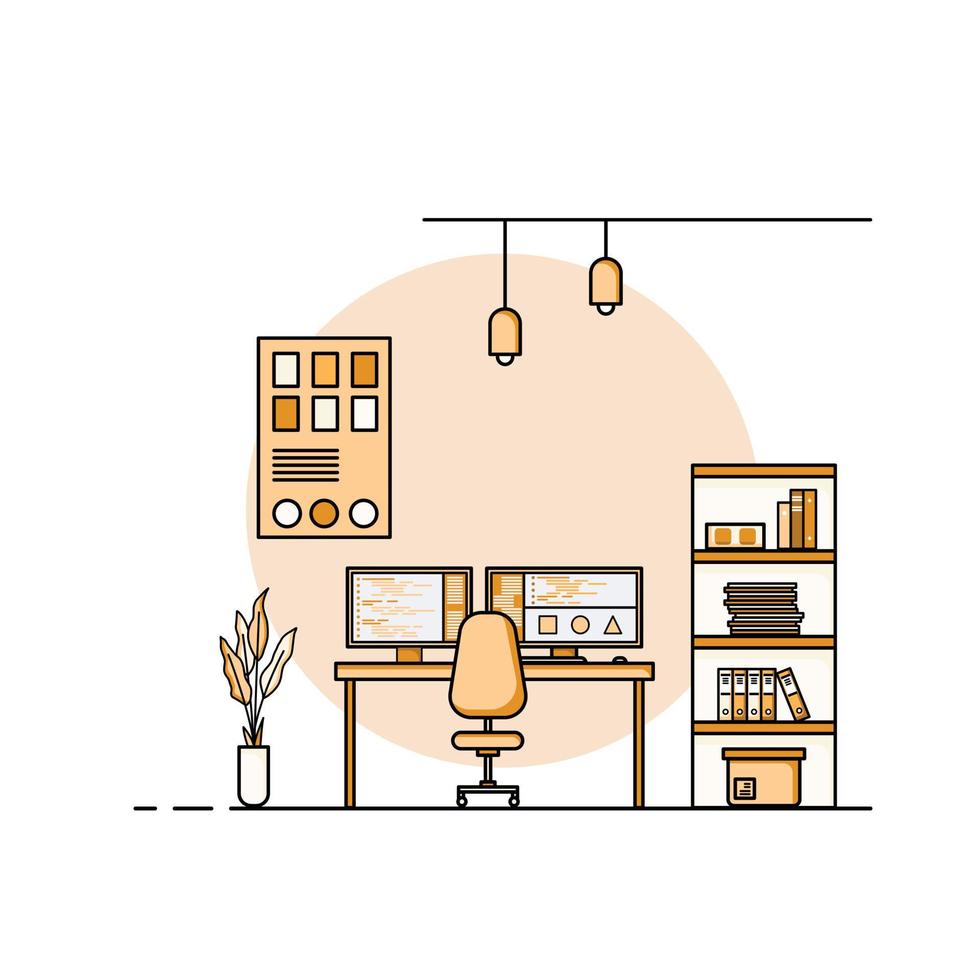 diseño plano de la mesa de trabajo, concepto de interior de escritorio con muebles. sala de trabajo con computadora, escritorio, mesa, silla, libro y equipo estacionario. trabajar desde casa ilustración de dibujos animados. vector