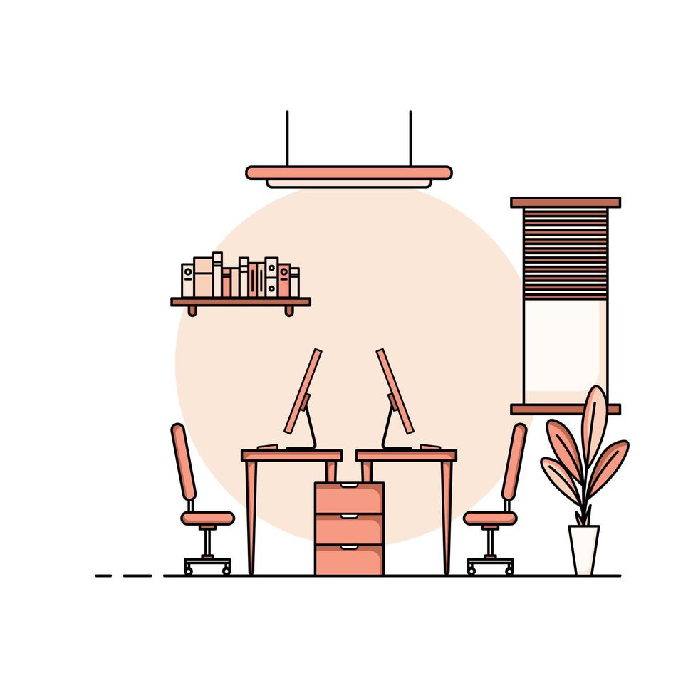 diseño plano de la mesa de trabajo, concepto de interior de escritorio con muebles. sala de trabajo con computadora, escritorio, mesa, silla, libro y equipo estacionario. trabajar desde casa ilustración de dibujos animados. vector