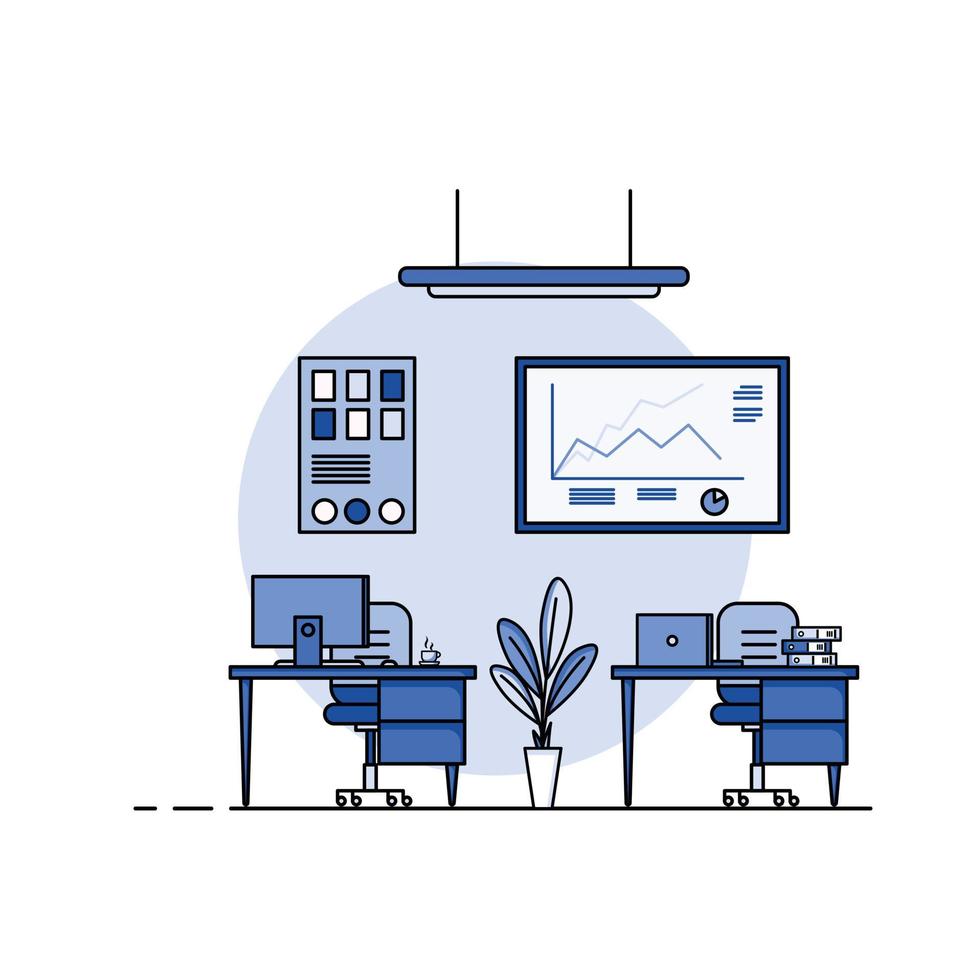 Working table flat design, Concept of working desk interior with furniture. Work room with computer, desktop, table, chair, book, and stationary equipment. Work from home cartoon illustration. vector
