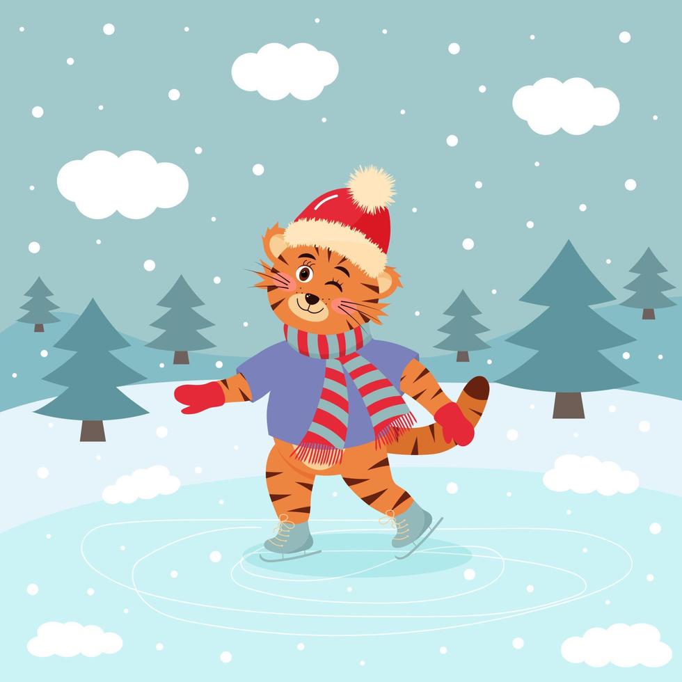 Winking tiger is skating in hat and scarf. vector