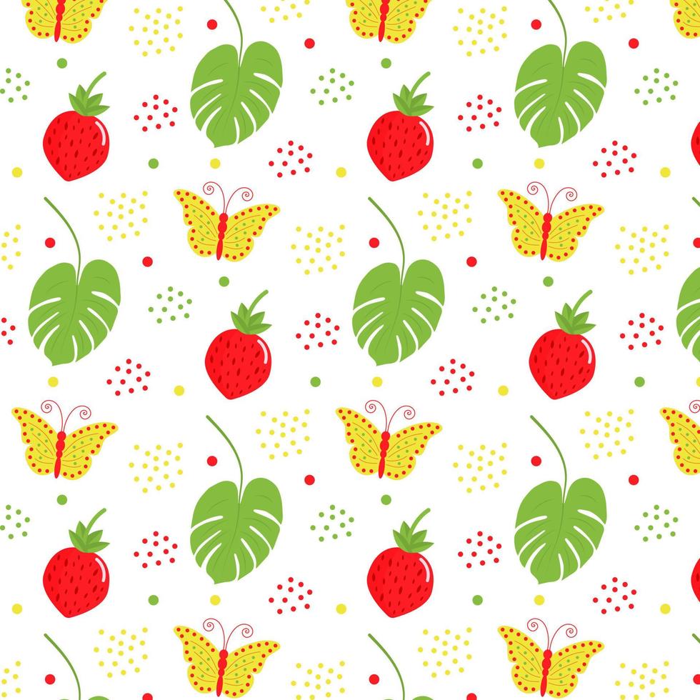 Seamless pattern with butterfly, monstera leaf and strawberry. vector