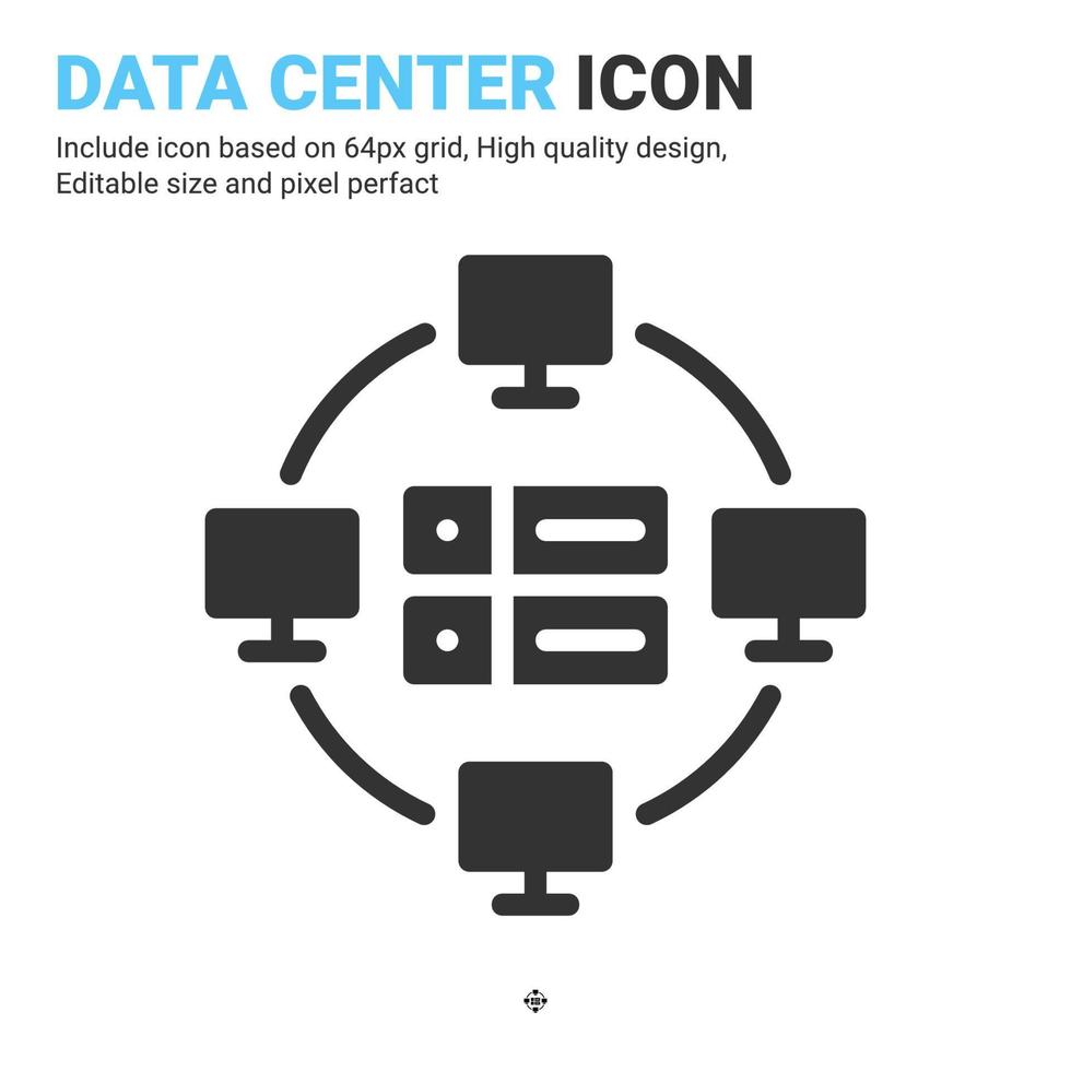 vector de icono de centro de datos con estilo de glifo aislado sobre fondo blanco. base de datos de ilustración vectorial, concepto de icono de símbolo de signo de servidor para digital, logotipo, industria, tecnología, aplicaciones, web y proyecto