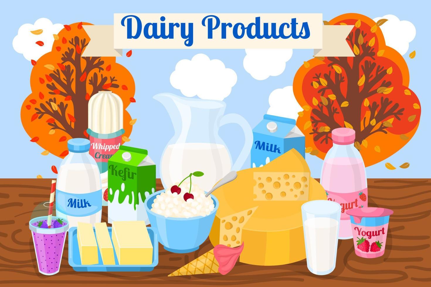 Cute cartoon dairy products composition in flat style. Milk and kefir, yogurt and cottage cheese, whipped cream and ice cream, cheese. vector