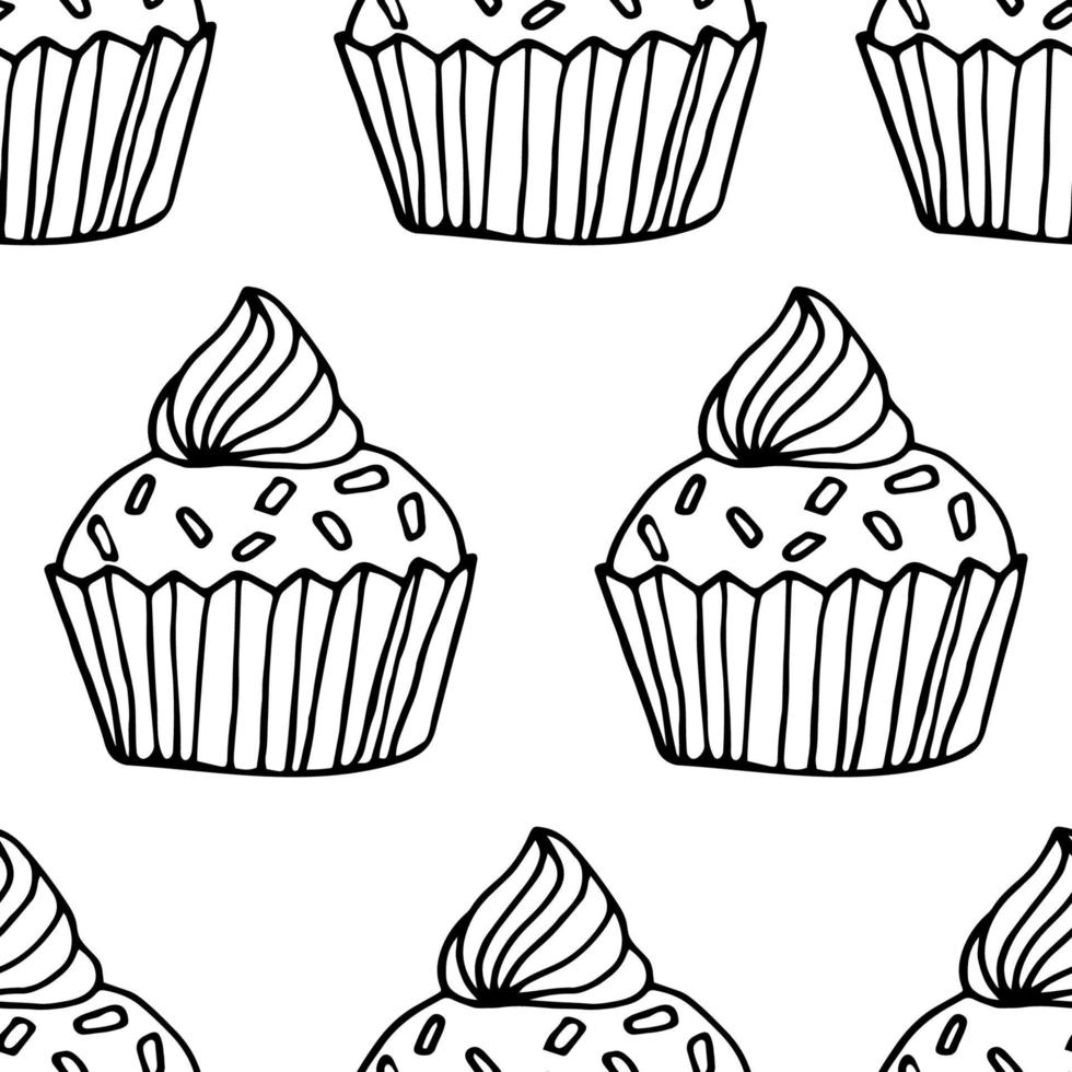 lindo cupcake dibujado a mano de patrones sin fisuras. pastel de contorno de línea fina negra sobre fondo blanco. libro para colorear para adultos página. vector