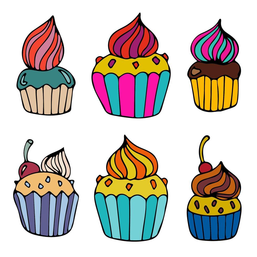 Dibujado a mano colorido doodle conjunto de cupcakes. vector